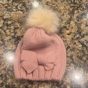 Infant Pink Knit Beanie with Bow and Pom Pom